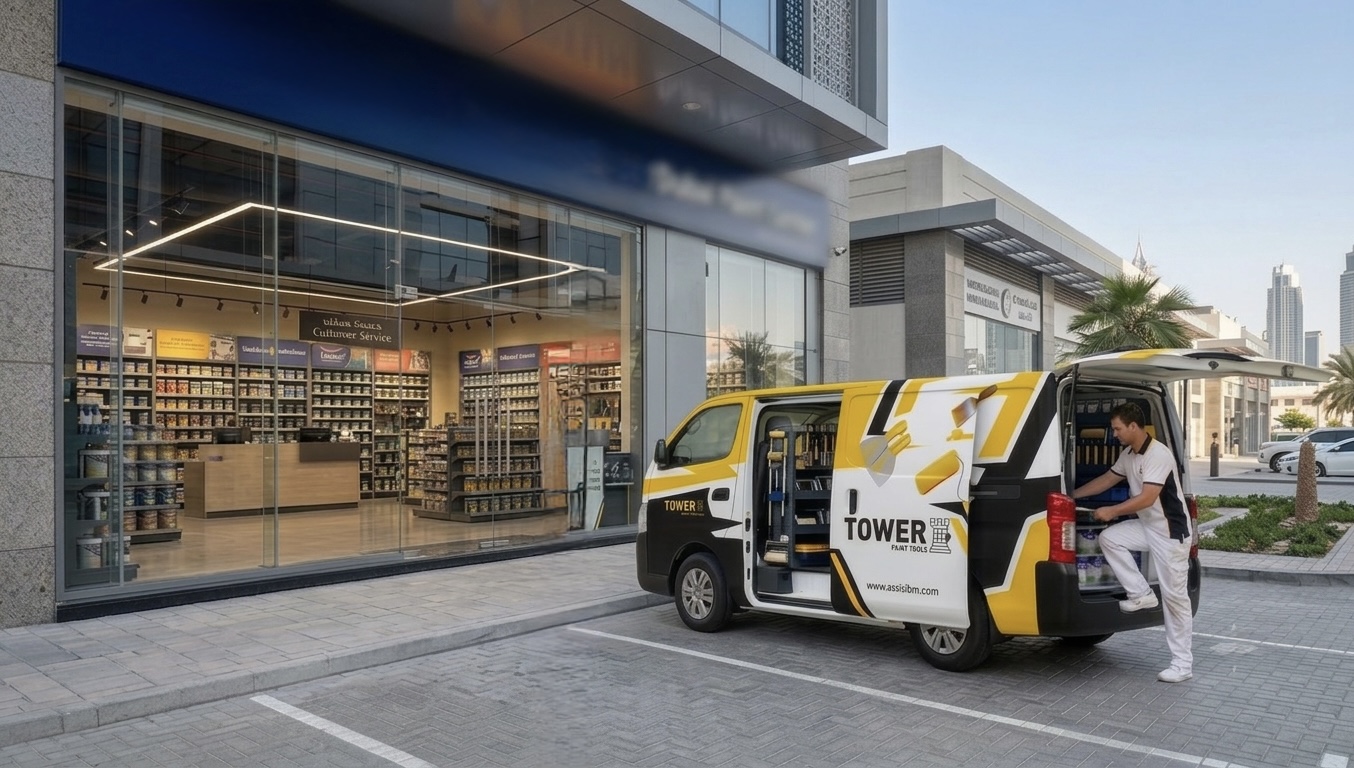 Tower Tools delivery van at a paint store
